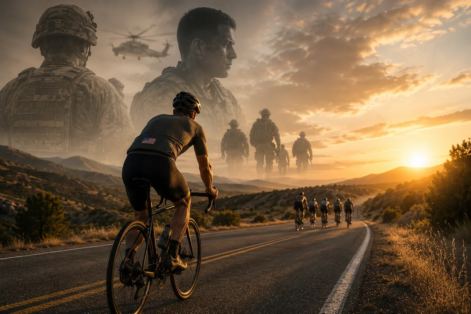 Cyclists riding at sunset with veterans